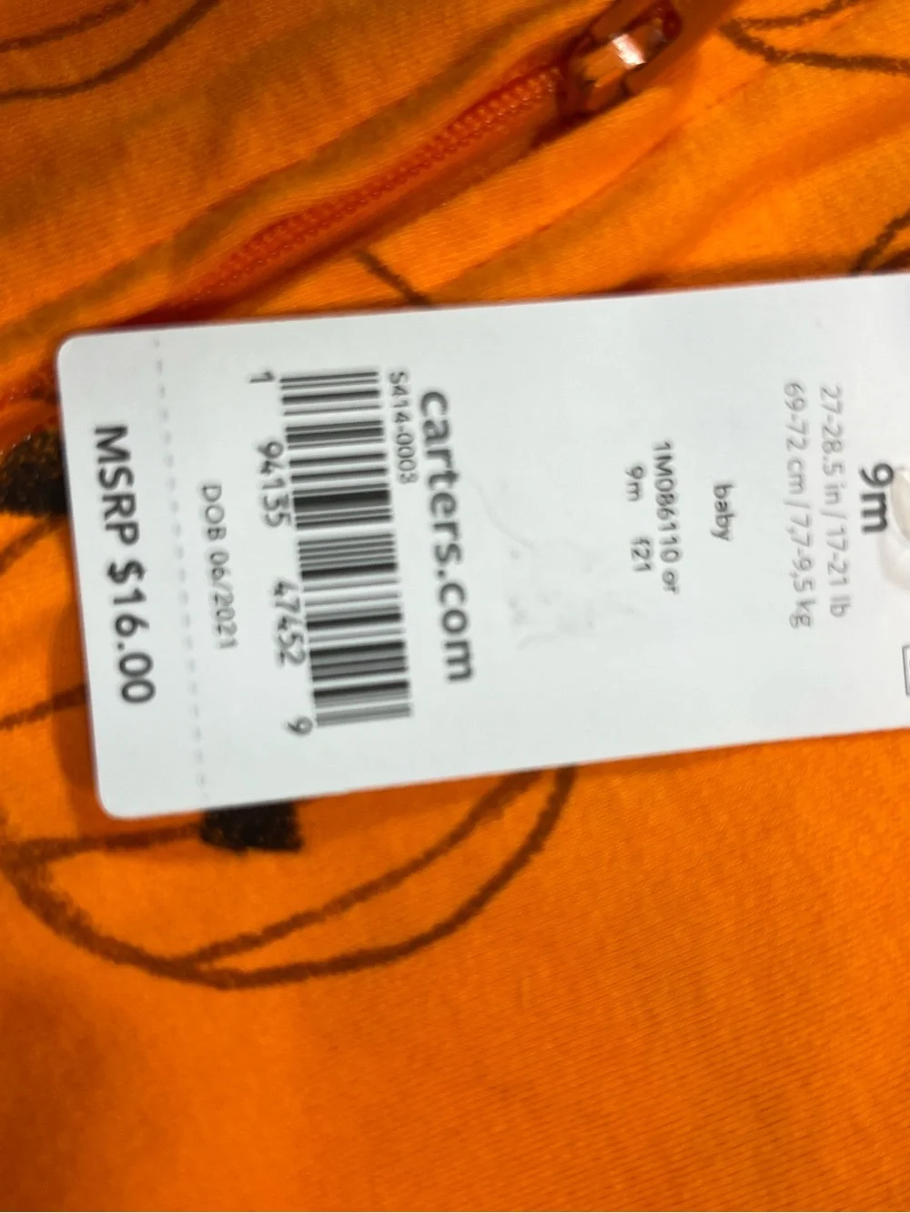 Carter’s Jack-o’Lantern Footed Sleeper 9 months nwt